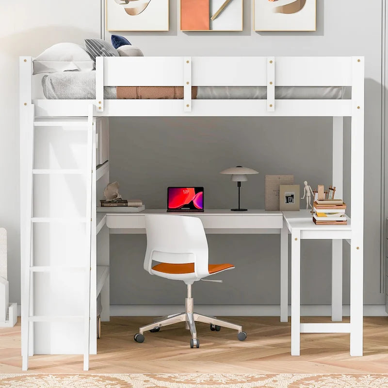 Cama alta de tamaño completo con escritorio y estante