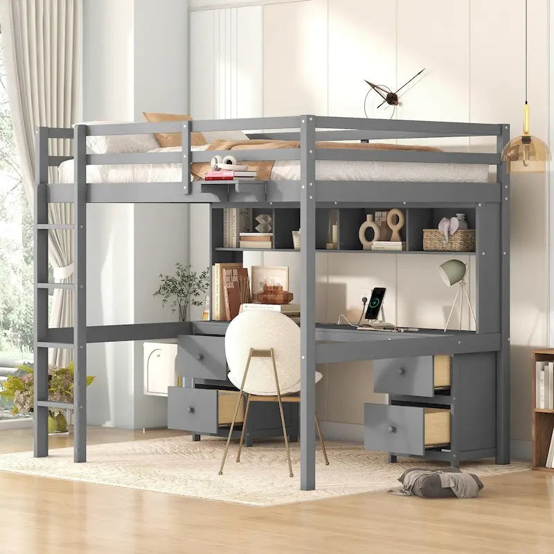 Cama alta de madera de tamaño matrimonial con escritorio integrado, armarios de almacenamiento, cajones, bandeja de noche y estación de carga.