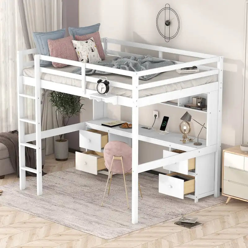 Cama alta de madera de tamaño matrimonial con escritorio integrado, armarios de almacenamiento, cajones, bandeja de noche y estación de carga.
