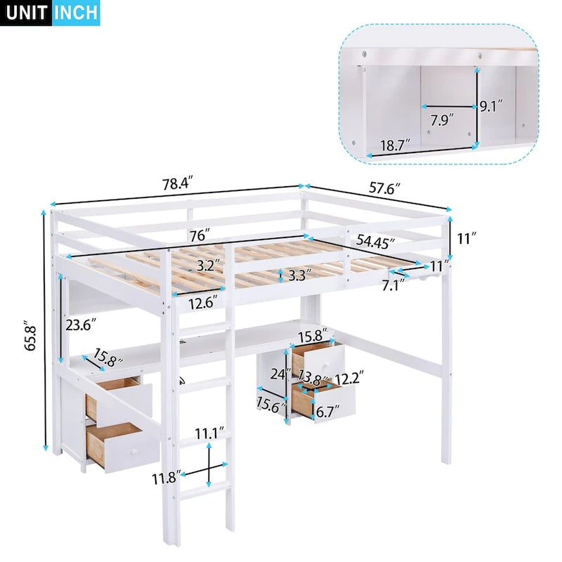 Cama alta de madera de tamaño matrimonial con escritorio integrado, armarios de almacenamiento, cajones, bandeja de noche y estación de carga.