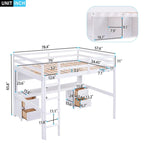 Cama alta de madera de tamaño matrimonial con escritorio integrado, armarios de almacenamiento, cajones, bandeja de noche y estación de carga.