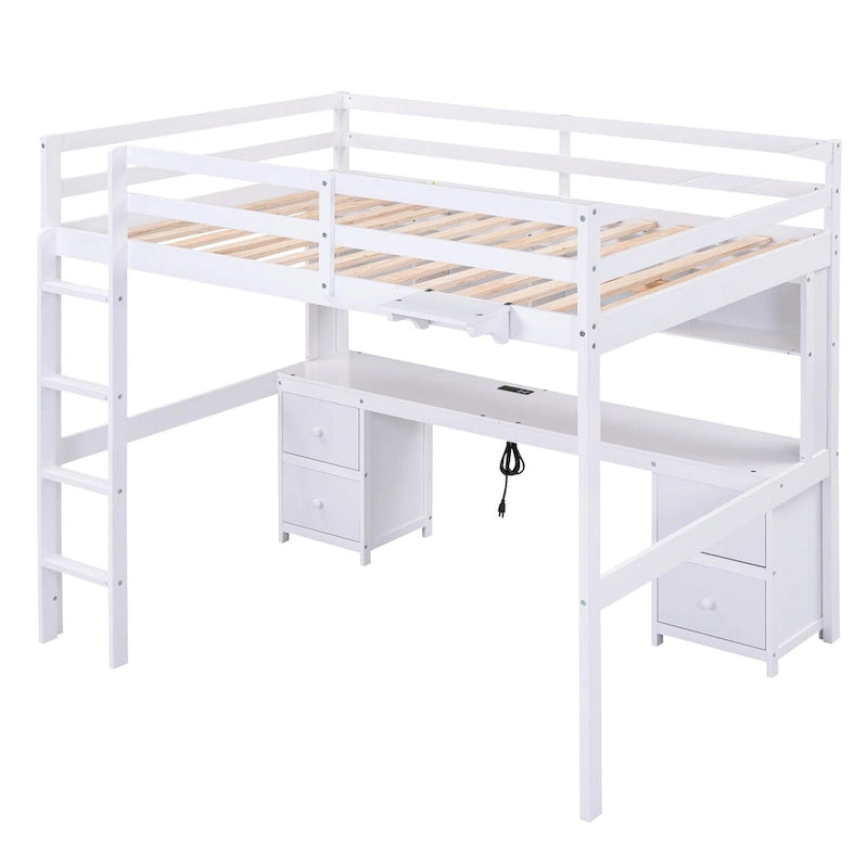 Cama alta de madera de tamaño matrimonial con escritorio integrado, armarios de almacenamiento, cajones, bandeja de noche y estación de carga.