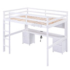 Cama alta de madera de tamaño matrimonial con escritorio integrado, armarios de almacenamiento, cajones, bandeja de noche y estación de carga.