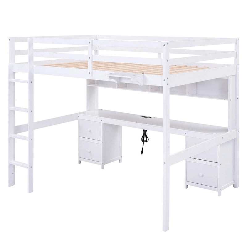 Cama alta de madera de tamaño matrimonial con escritorio integrado, armarios de almacenamiento, cajones, bandeja de noche y estación de carga.