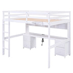 Cama alta de madera de tamaño matrimonial con escritorio integrado, armarios de almacenamiento, cajones, bandeja de noche y estación de carga.