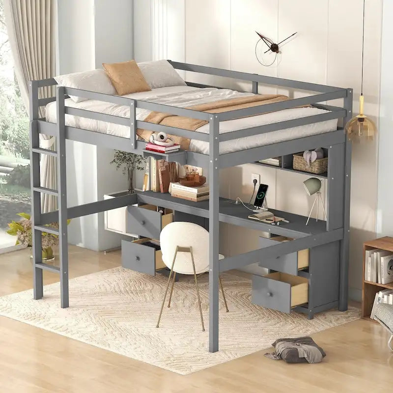 Cama alta de madera de tamaño matrimonial con escritorio integrado, armarios de almacenamiento, cajones, bandeja de noche y estación de carga.