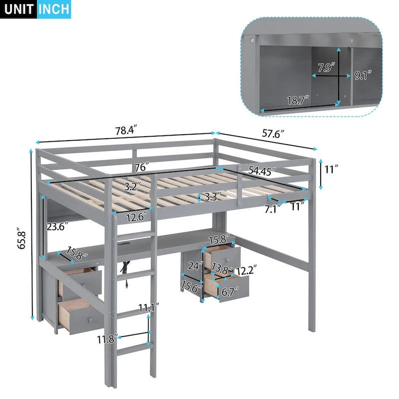 Cama alta de madera de tamaño matrimonial con escritorio integrado, armarios de almacenamiento, cajones, bandeja de noche y estación de carga.