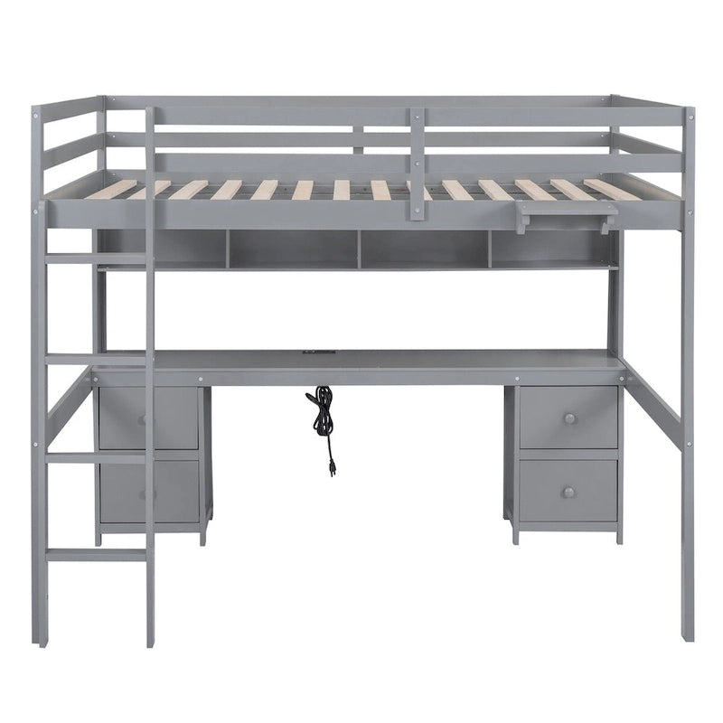 Cama alta de madera de tamaño matrimonial con escritorio integrado, armarios de almacenamiento, cajones, bandeja de noche y estación de carga.