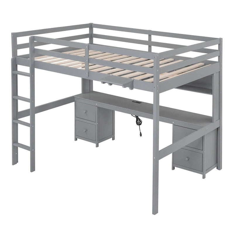 Cama alta de madera de tamaño matrimonial con escritorio integrado, armarios de almacenamiento, cajones, bandeja de noche y estación de carga.