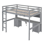 Cama alta de madera de tamaño matrimonial con escritorio integrado, armarios de almacenamiento, cajones, bandeja de noche y estación de carga.