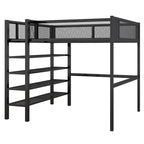 Cama alta de metal negra con estantes de almacenamiento