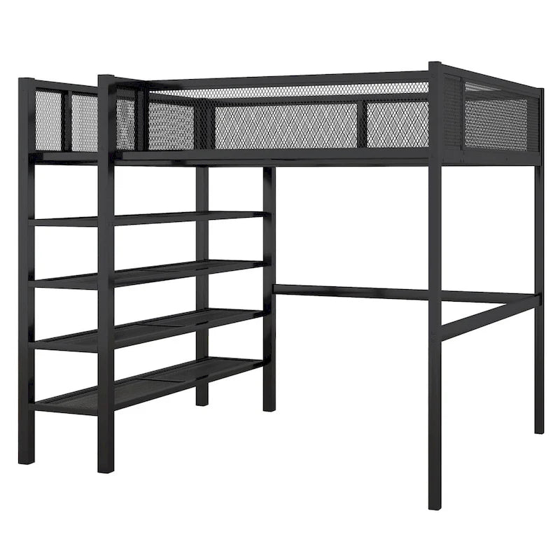 Cama alta de metal negra con estantes de almacenamiento