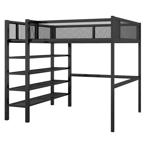 Cama alta de metal negra con estantes de almacenamiento