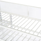 Cama alta de metal doble blanca con estantes, estación de trabajo y barandilla