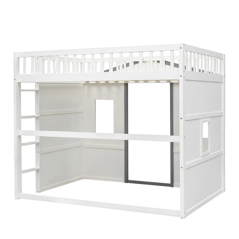 Cama alta de madera maciza de pino estilo castillo, blanca y gris, con escalera y barandillas de seguridad