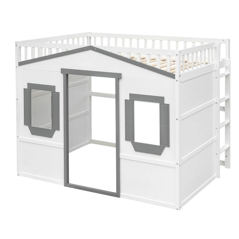 Cama alta de madera maciza de pino estilo castillo, blanca y gris, con escalera y barandillas de seguridad