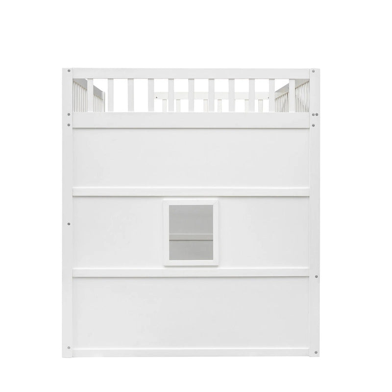 Cama alta de madera maciza de pino estilo castillo, blanca y gris, con escalera y barandillas de seguridad