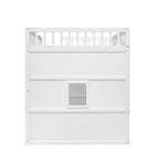 Cama alta de madera maciza de pino estilo castillo, blanca y gris, con escalera y barandillas de seguridad