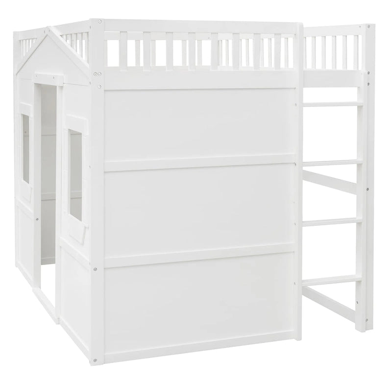 Cama alta de madera de pino macizo estilo White Castle, tamaño completo, con escalera y barandales de seguridad