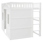 Cama alta de madera de pino macizo estilo White Castle, tamaño completo, con escalera y barandales de seguridad