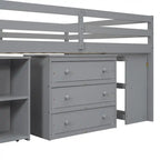 Cama alta gris de madera maciza de tamaño matrimonial con escritorio retráctil, escaleras de almacenamiento, cajones de almacenamiento y estantes