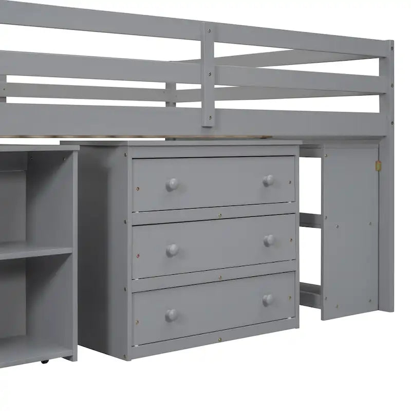 Cama alta gris de madera maciza de tamaño matrimonial con escritorio retráctil, escaleras de almacenamiento, cajones de almacenamiento y estantes