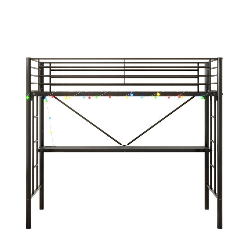 Cama alta de metal con escritorio, toma de corriente y luz LED, tamaño individual