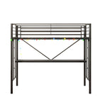 Cama alta de metal con escritorio, toma de corriente y luz LED, tamaño individual
