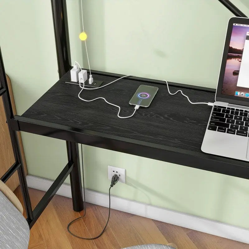 Cama alta de metal con escritorio, toma de corriente y luz LED, tamaño individual
