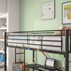 Cama alta de metal con escritorio, toma de corriente y luz LED, tamaño individual