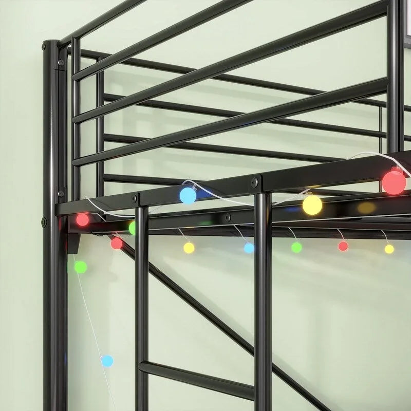 Cama alta de metal con escritorio, toma de corriente y luz LED, tamaño individual