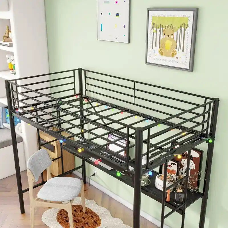 Cama alta de metal con escritorio, toma de corriente y luz LED, tamaño individual