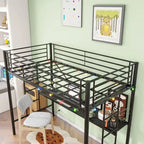 Cama alta de metal con escritorio, toma de corriente y luz LED, tamaño individual