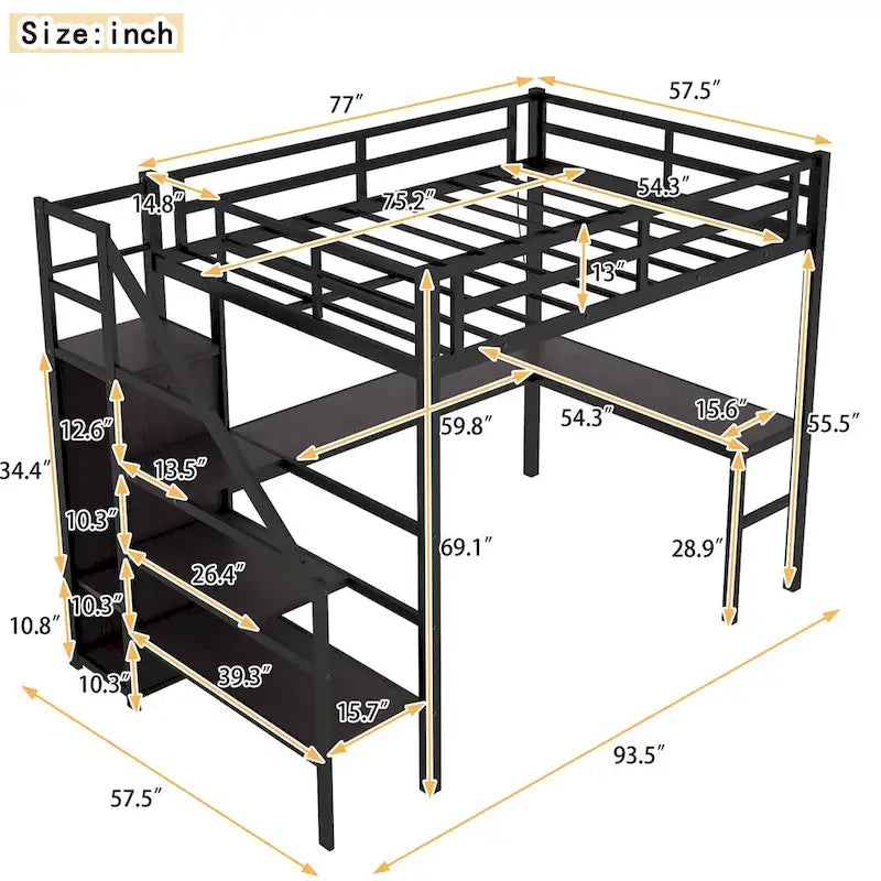 Cama alta moderna con escritorio en L, armario y puertos USB