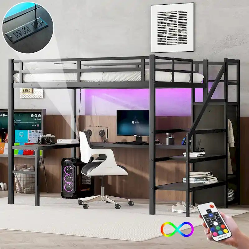 Cama alta moderna con escritorio en L, armario y puertos USB