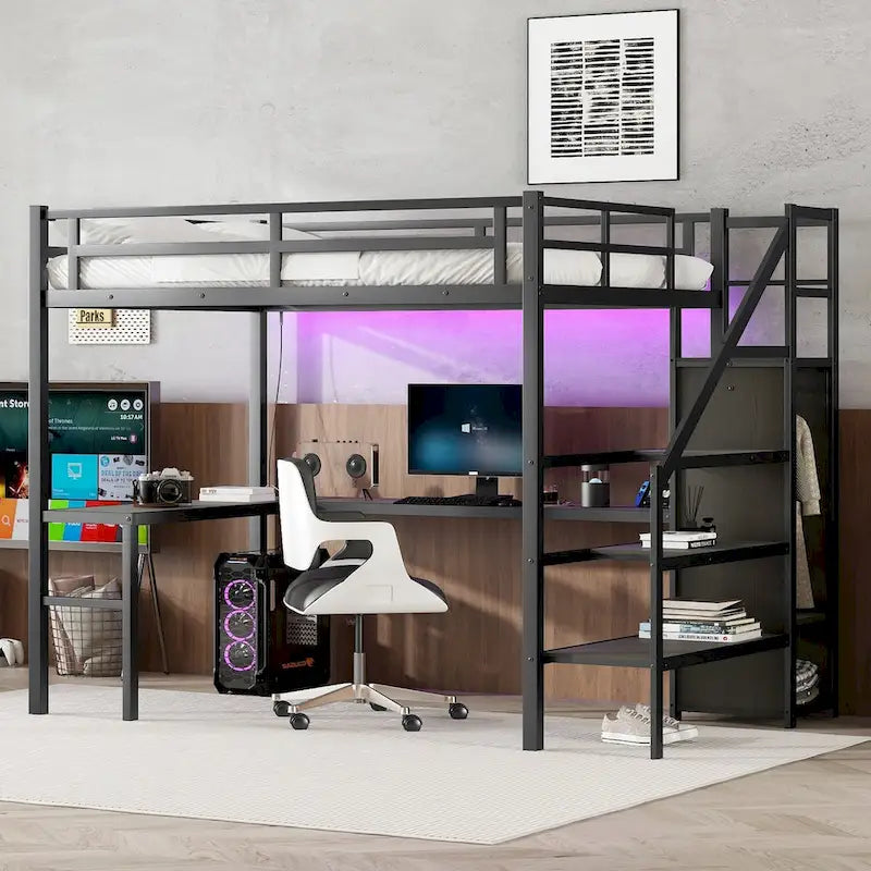 Cama alta moderna con escritorio en L, armario y puertos USB