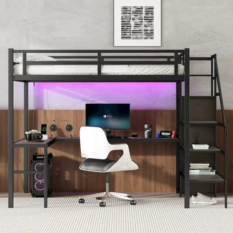 Cama alta moderna con escritorio en L, armario y puertos USB