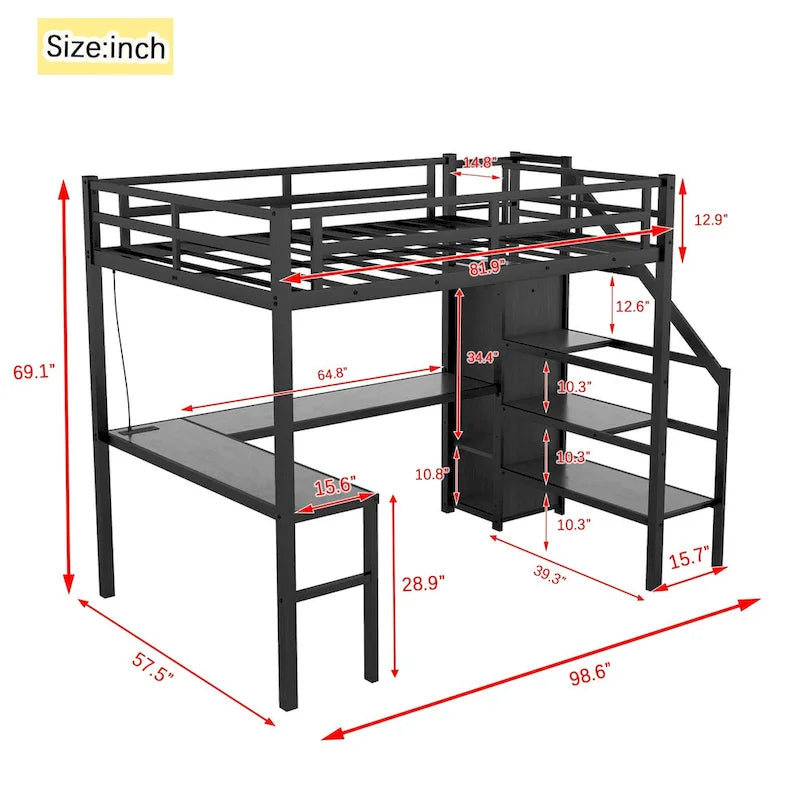 Cama alta moderna con escritorio en L, armario y puertos USB