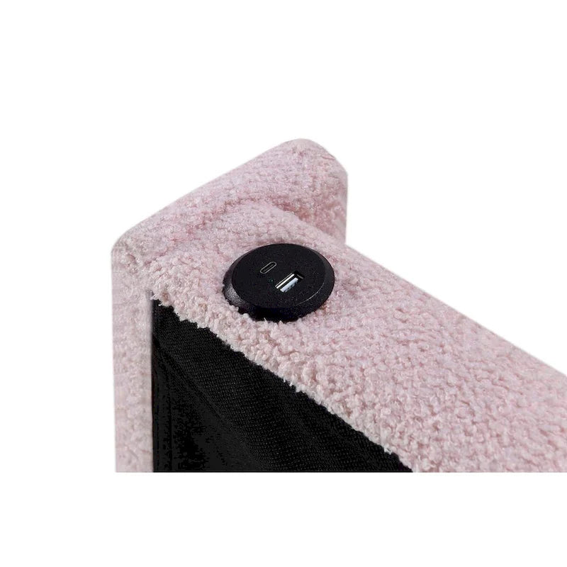 Estructura de cama individual con cama nido, tela de osito, funcionalidad USB y un diseño de bolsillo en el lateral del cabecero