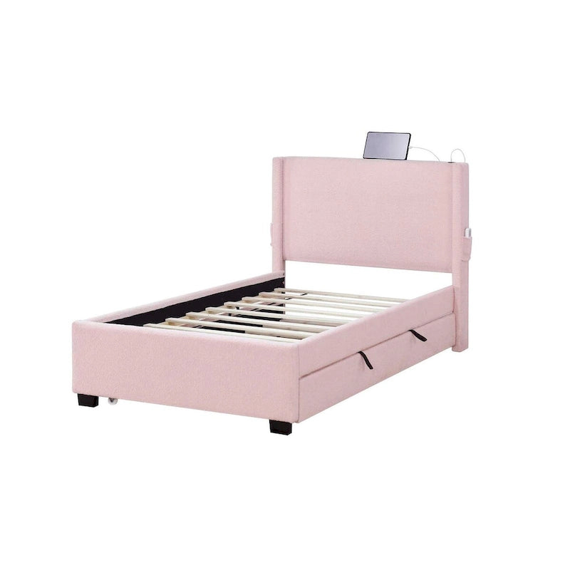 Estructura de cama individual con cama nido, tela de osito, funcionalidad USB y un diseño de bolsillo en el lateral del cabecero
