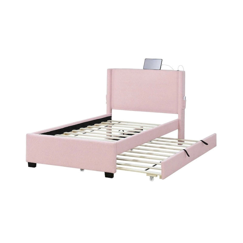 Estructura de cama individual con cama nido, tela de osito, funcionalidad USB y un diseño de bolsillo en el lateral del cabecero