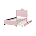 Estructura de cama individual con cama nido, tela de osito, funcionalidad USB y un diseño de bolsillo en el lateral del cabecero