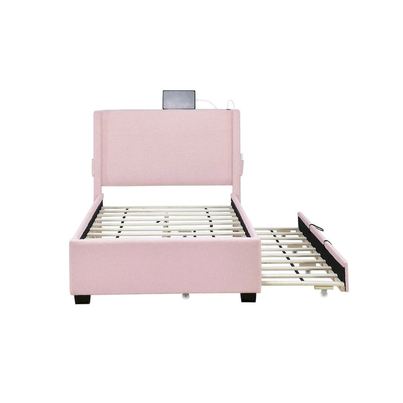 Estructura de cama individual con cama nido, tela de osito, funcionalidad USB y un diseño de bolsillo en el lateral del cabecero