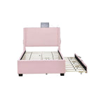 Estructura de cama individual con cama nido, tela de osito, funcionalidad USB y un diseño de bolsillo en el lateral del cabecero