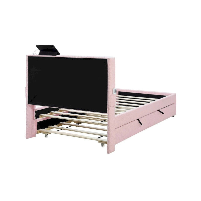 Estructura de cama individual con cama nido, tela de osito, funcionalidad USB y un diseño de bolsillo en el lateral del cabecero