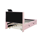Estructura de cama individual con cama nido, tela de osito, funcionalidad USB y un diseño de bolsillo en el lateral del cabecero