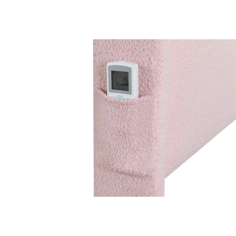 Estructura de cama individual con cama nido, tela de osito, funcionalidad USB y un diseño de bolsillo en el lateral del cabecero