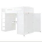 Cama alta individual con escritorio, armarios, 4 cajones y 4 estantes