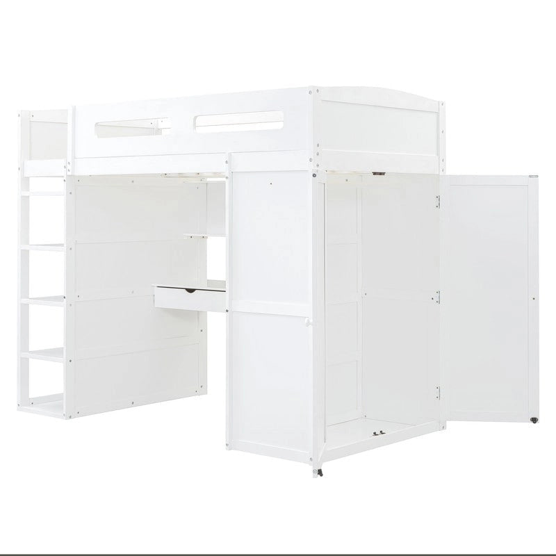 Cama alta individual con escritorio, armarios, 4 cajones y 4 estantes