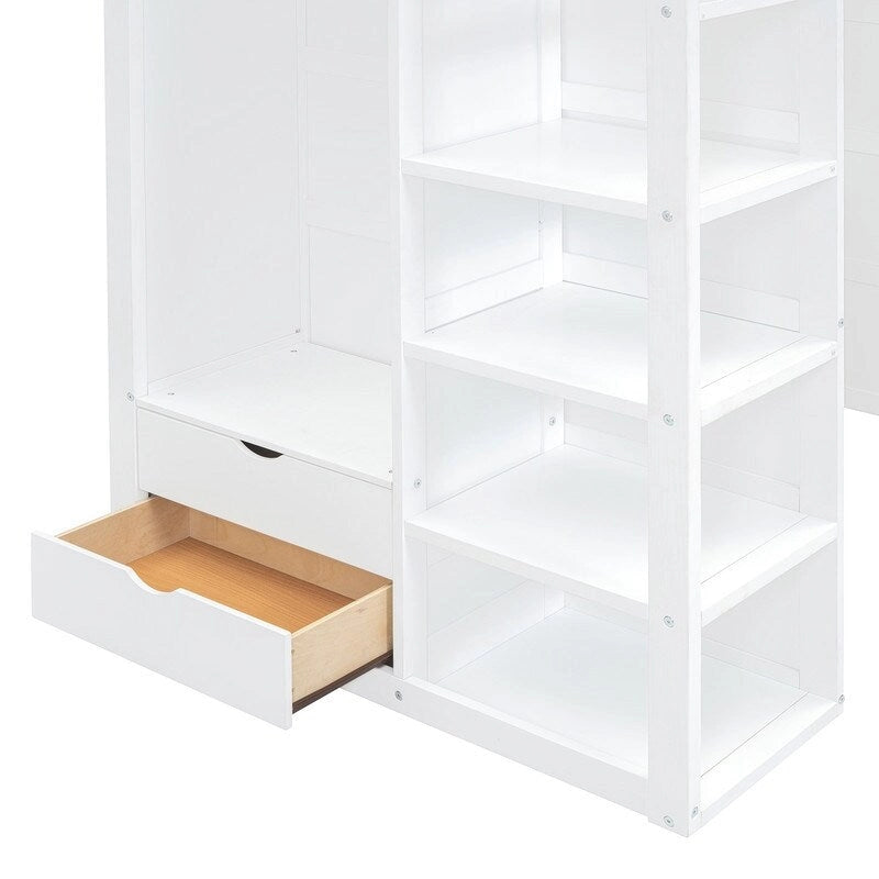Cama alta individual con escritorio, armarios, 4 cajones y 4 estantes
